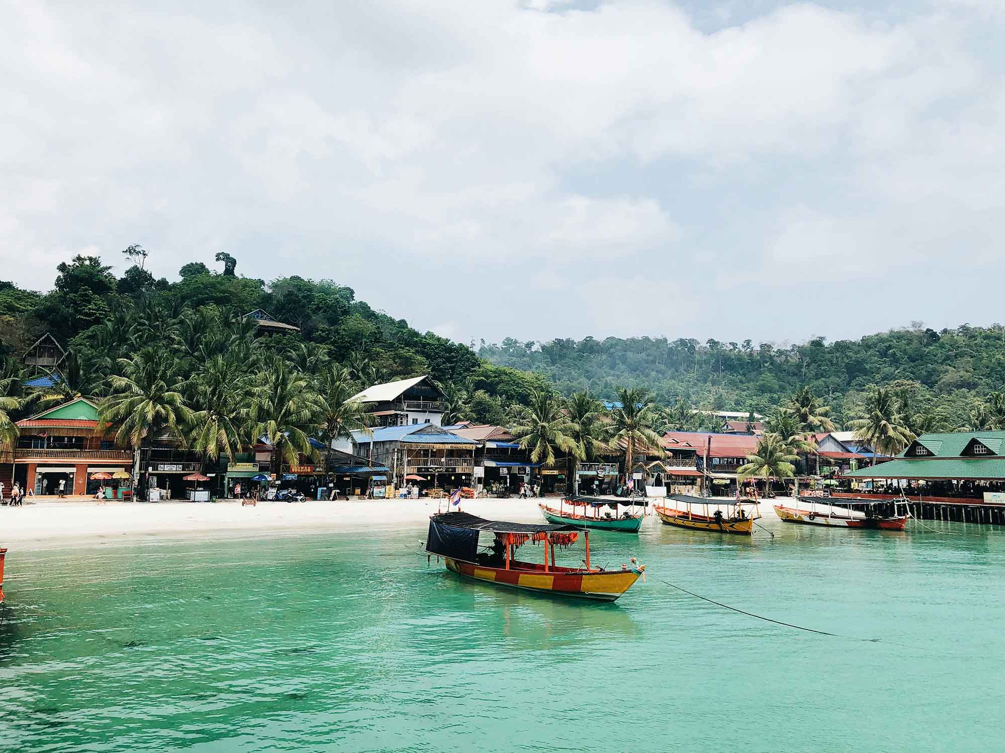 Cambodian tropical island view with fishing boats
